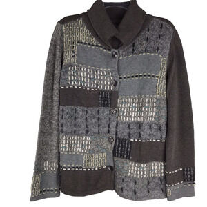 J. Jill Cardigan Collar Cotton Wool Blend Brown Gray Patchwork Stitching Medium